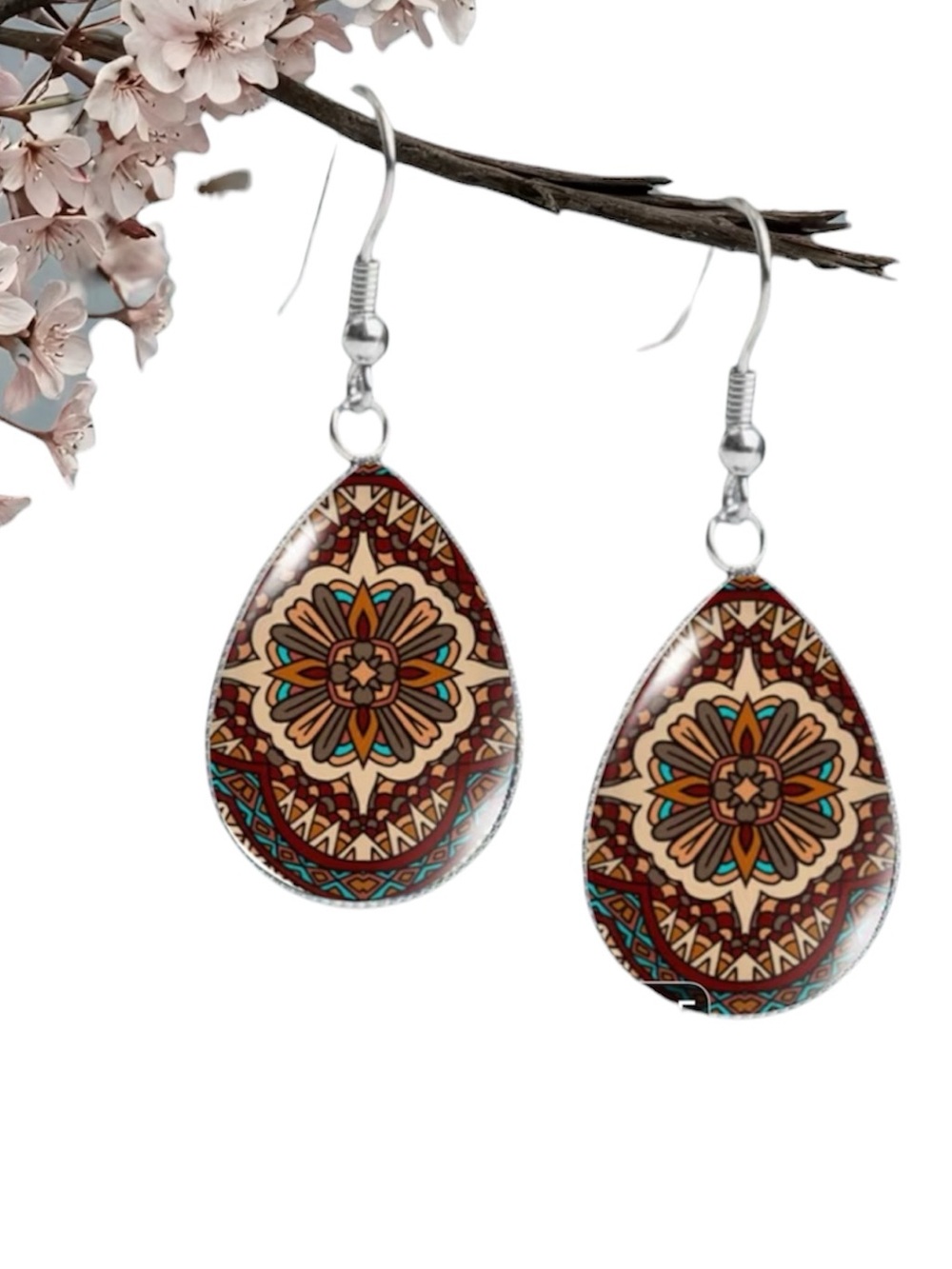 Boho Floral Mandala Earrings - Brown & Teal Cabochon Glass Teardrop Earrings New